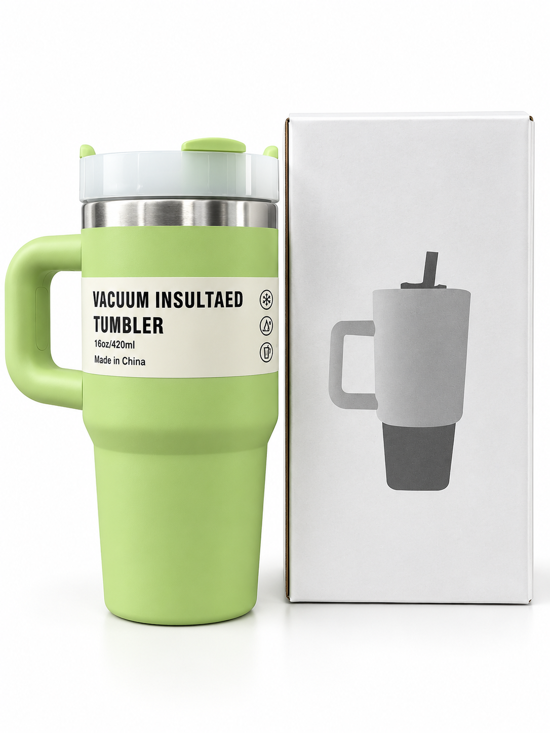 Green vacuum insulated stainless steel tumbler with handle and gift box