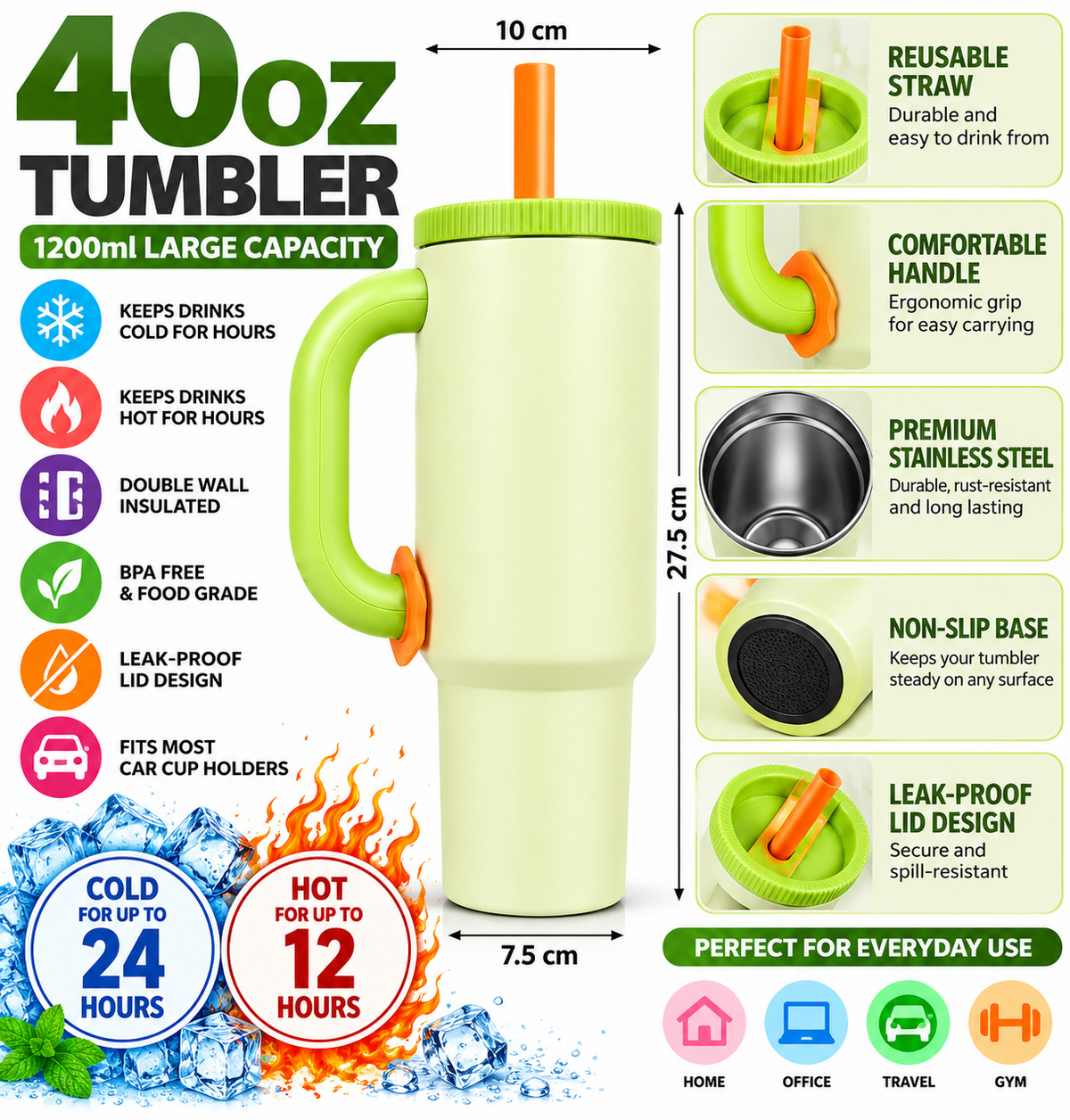 Light lime green tumbler features and measurements