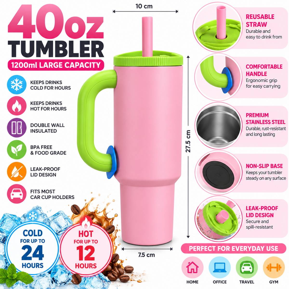 Pink and lime green 1200ml tumbler features and dimensions