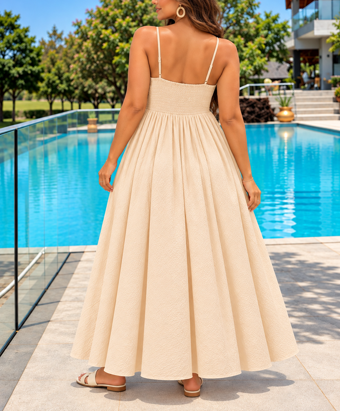 Ladies beige strappy gathered maxi dress back view