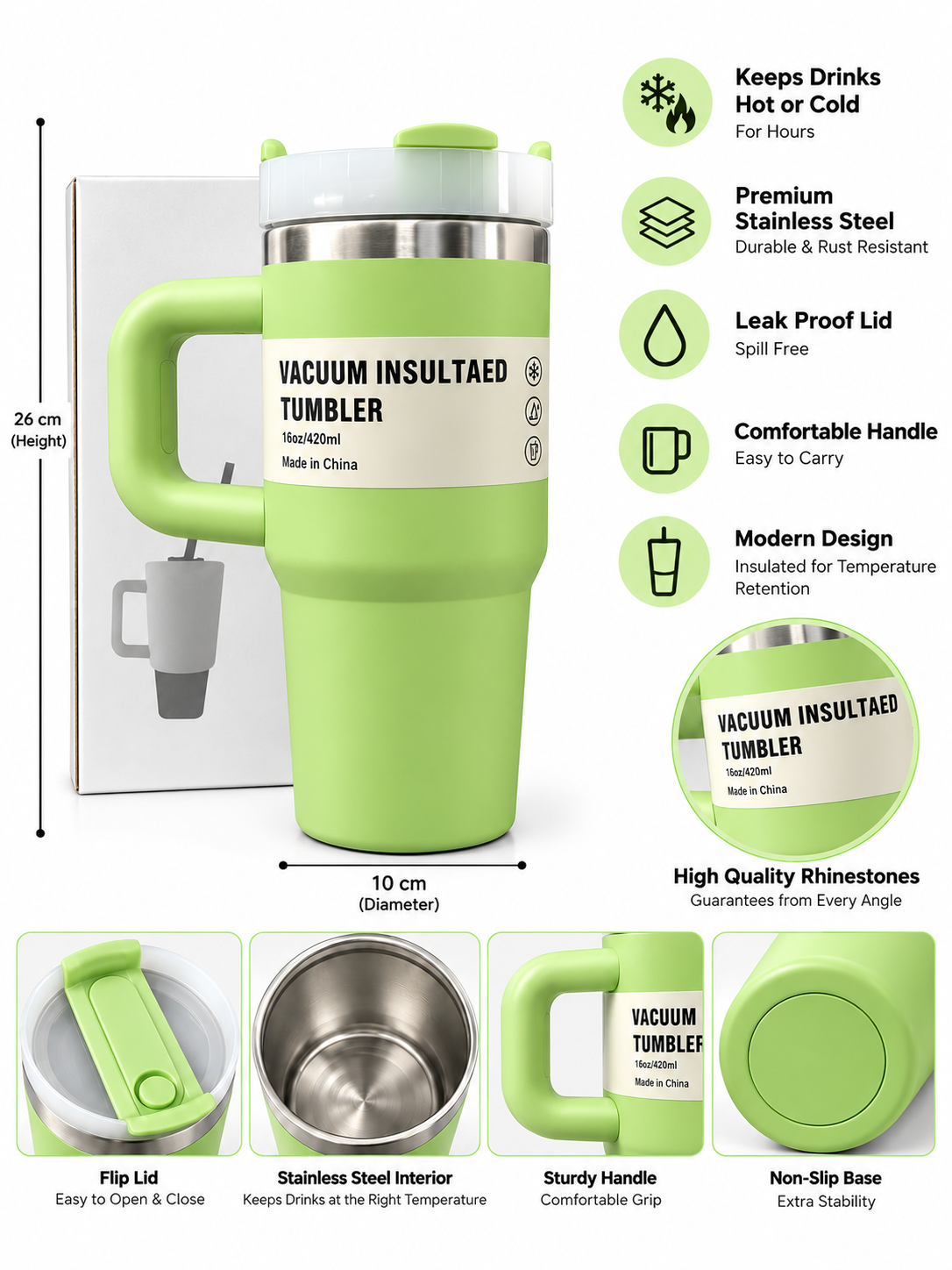 Green vacuum insulated stainless steel tumbler features and dimensions
