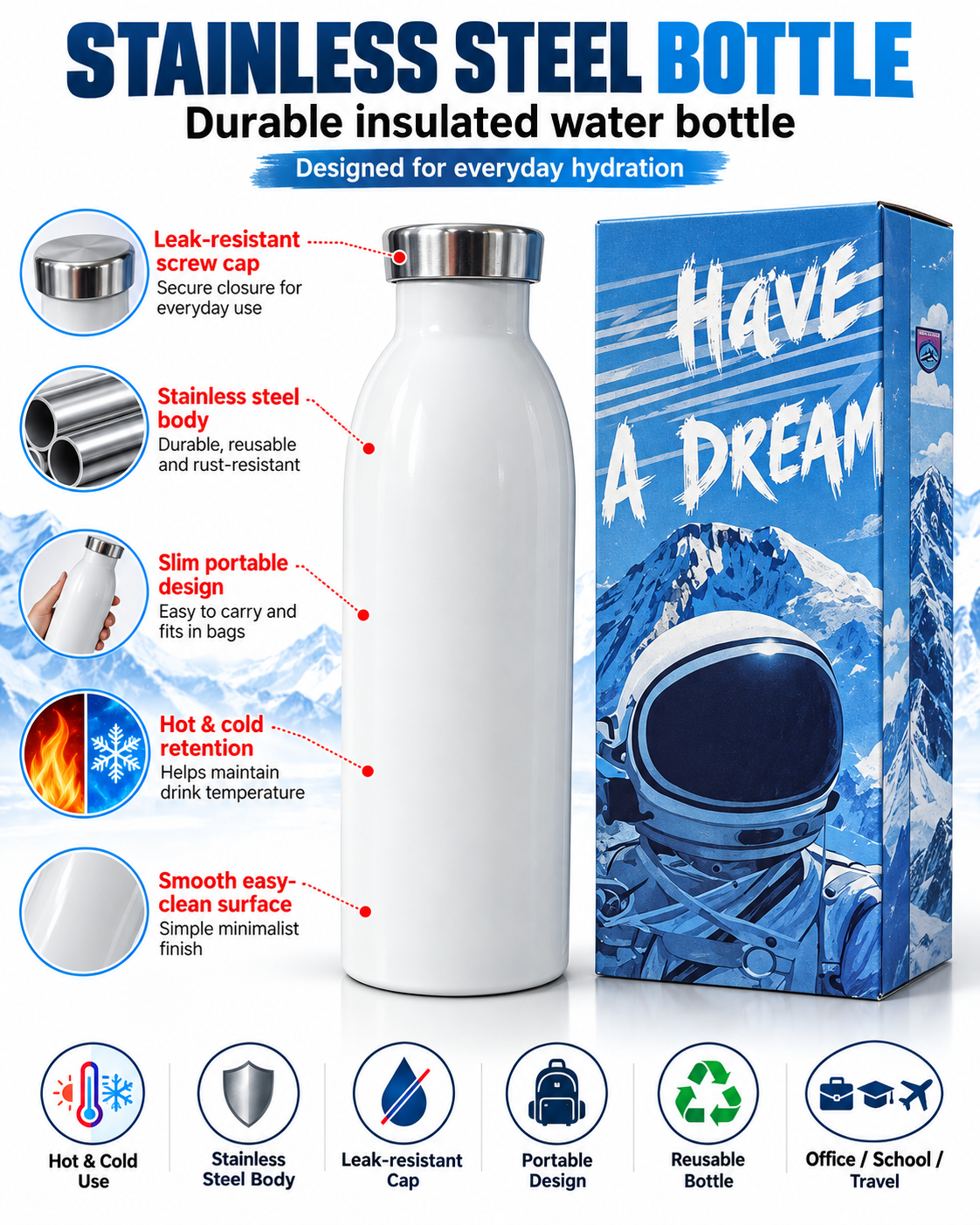 White stainless steel insulated water bottle with packaging