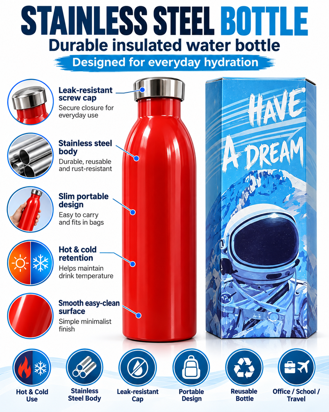 Red stainless steel water bottle and packaging