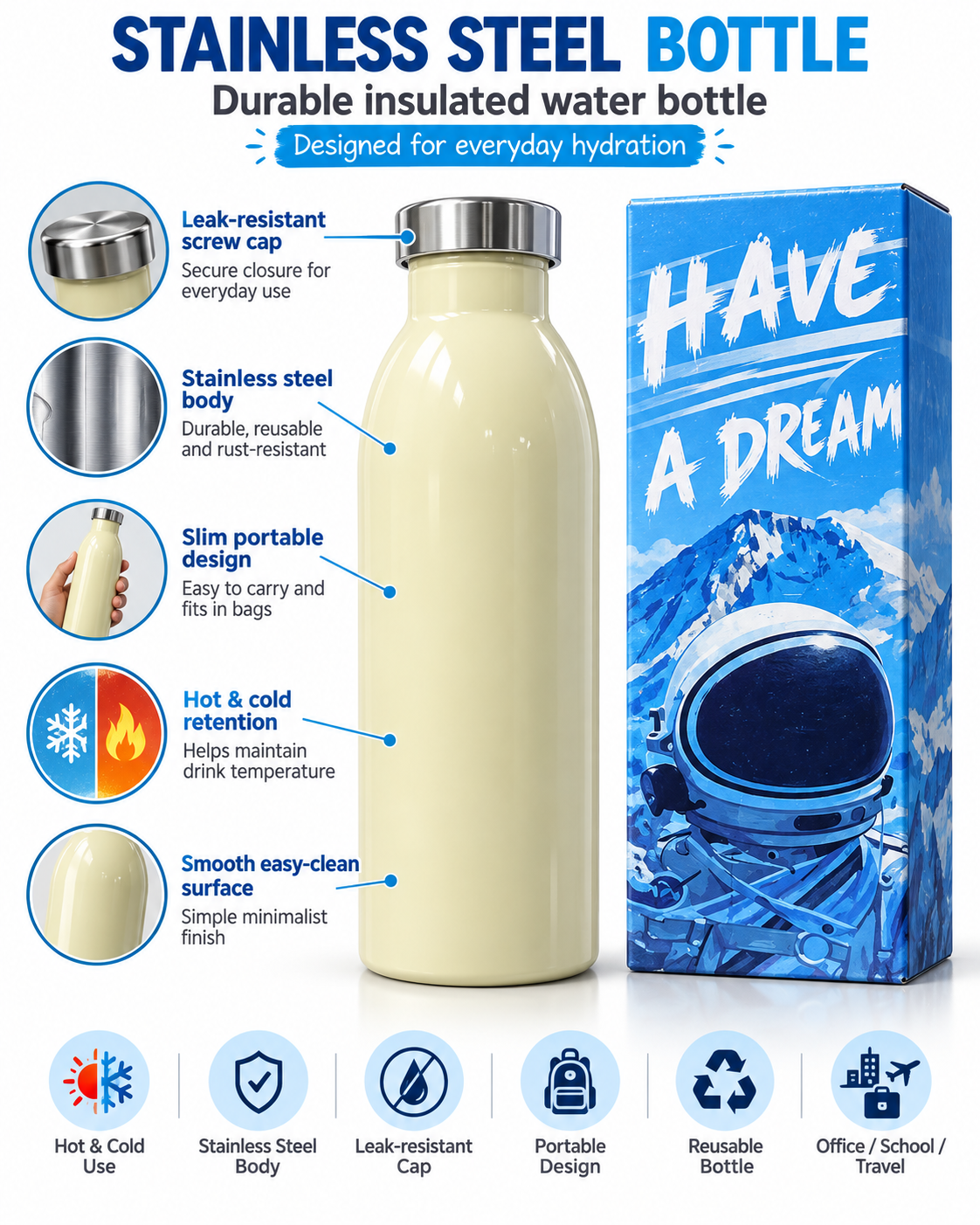 Cream stainless steel insulated water bottle and retail packaging