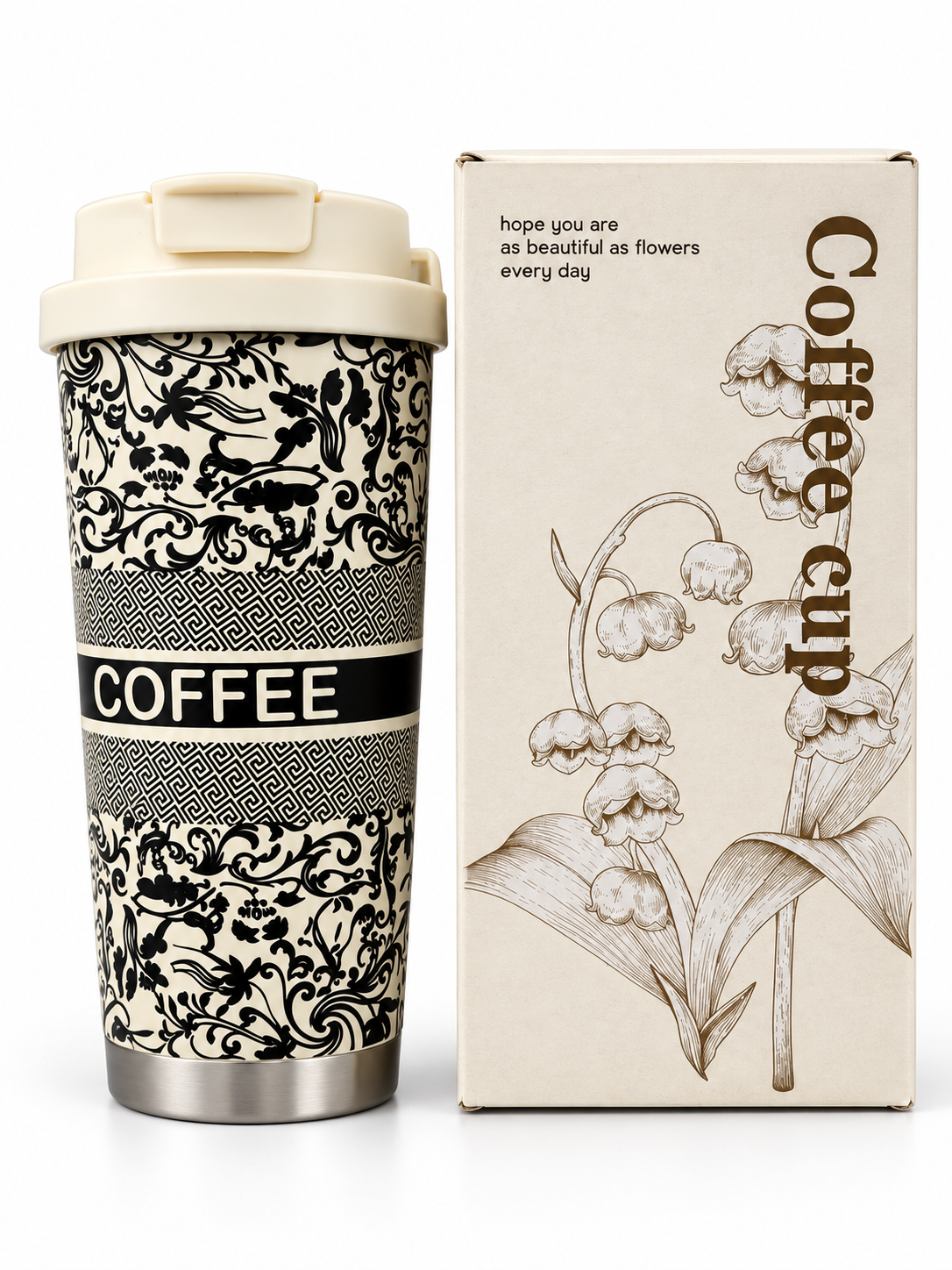 Cream and black floral coffee travel mug with box