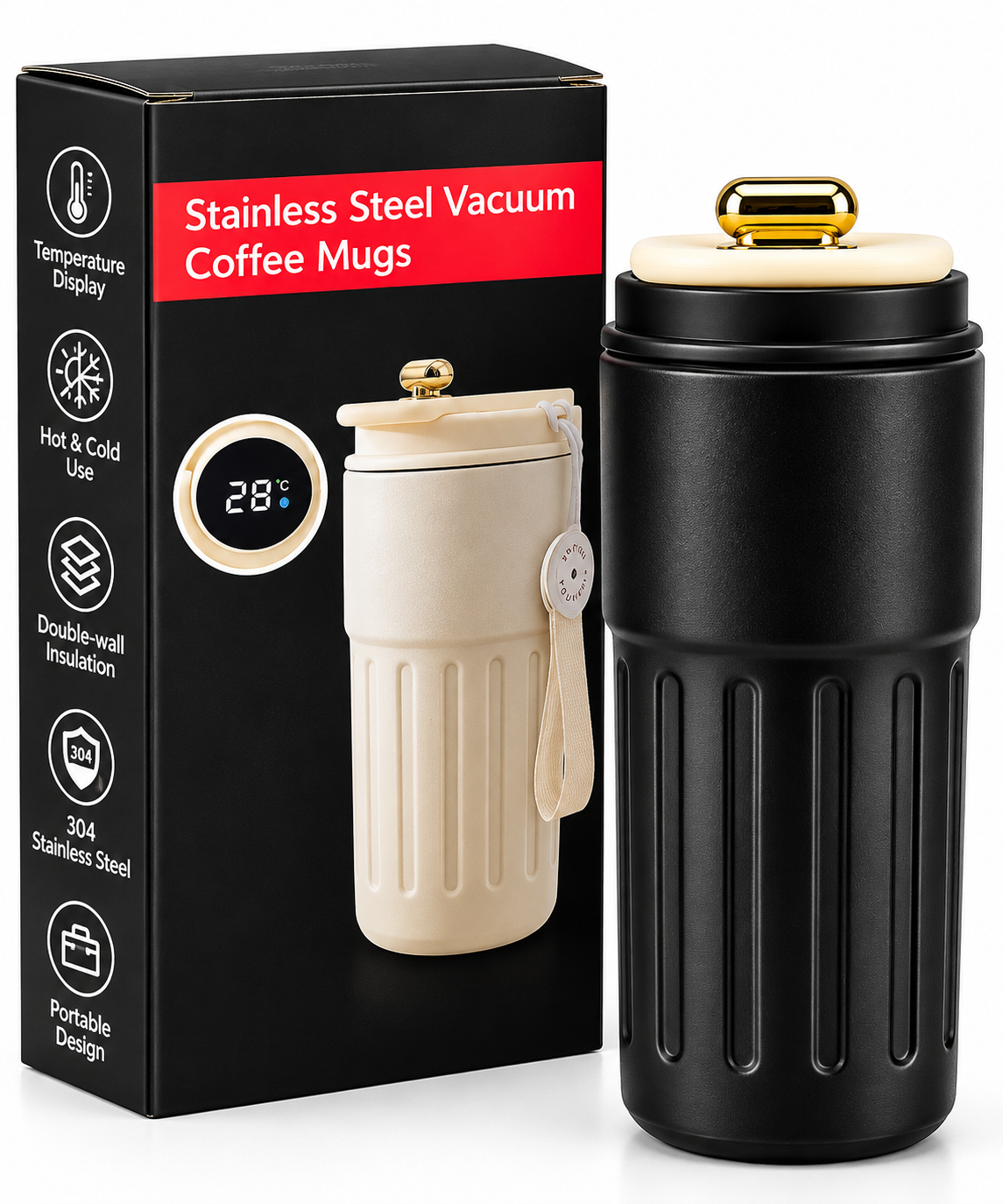 Black vacuum coffee mug features and LED temperature display