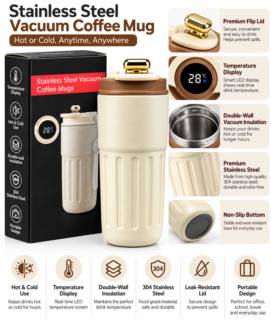 Cream and brown vacuum coffee mug with packaging