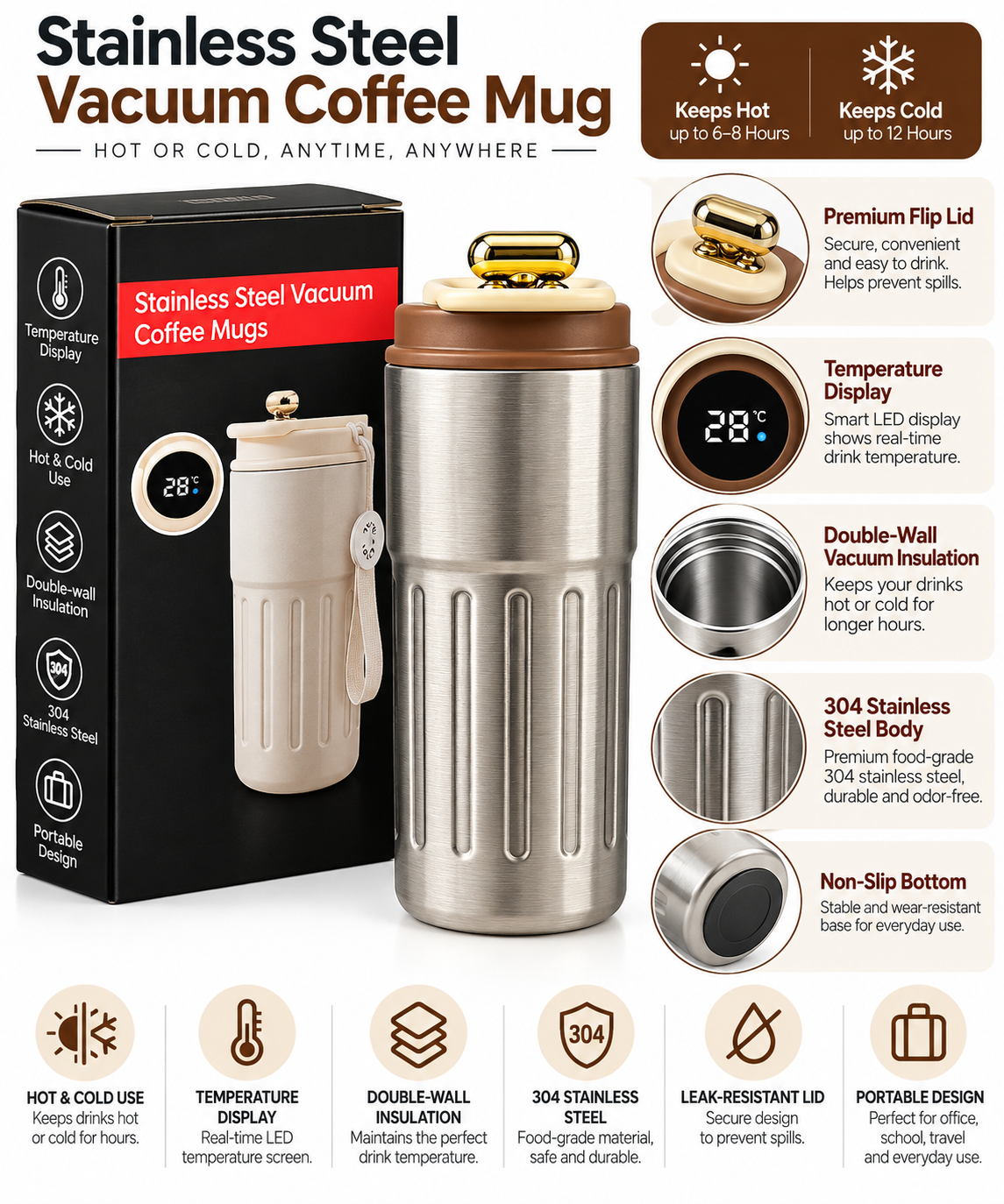 Silver stainless steel vacuum coffee mug with cream and brown lid and retail box