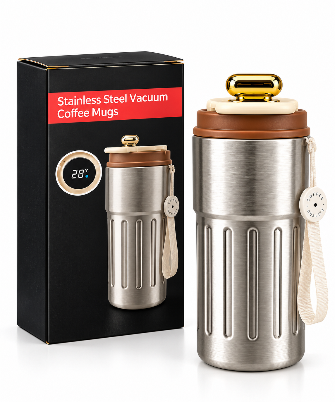 Silver vacuum coffee mug features and insulation details
