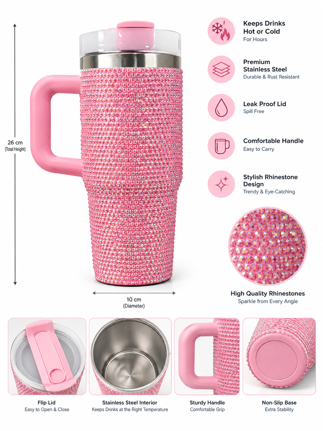 Pink rhinestone stainless steel tumbler features and dimensions