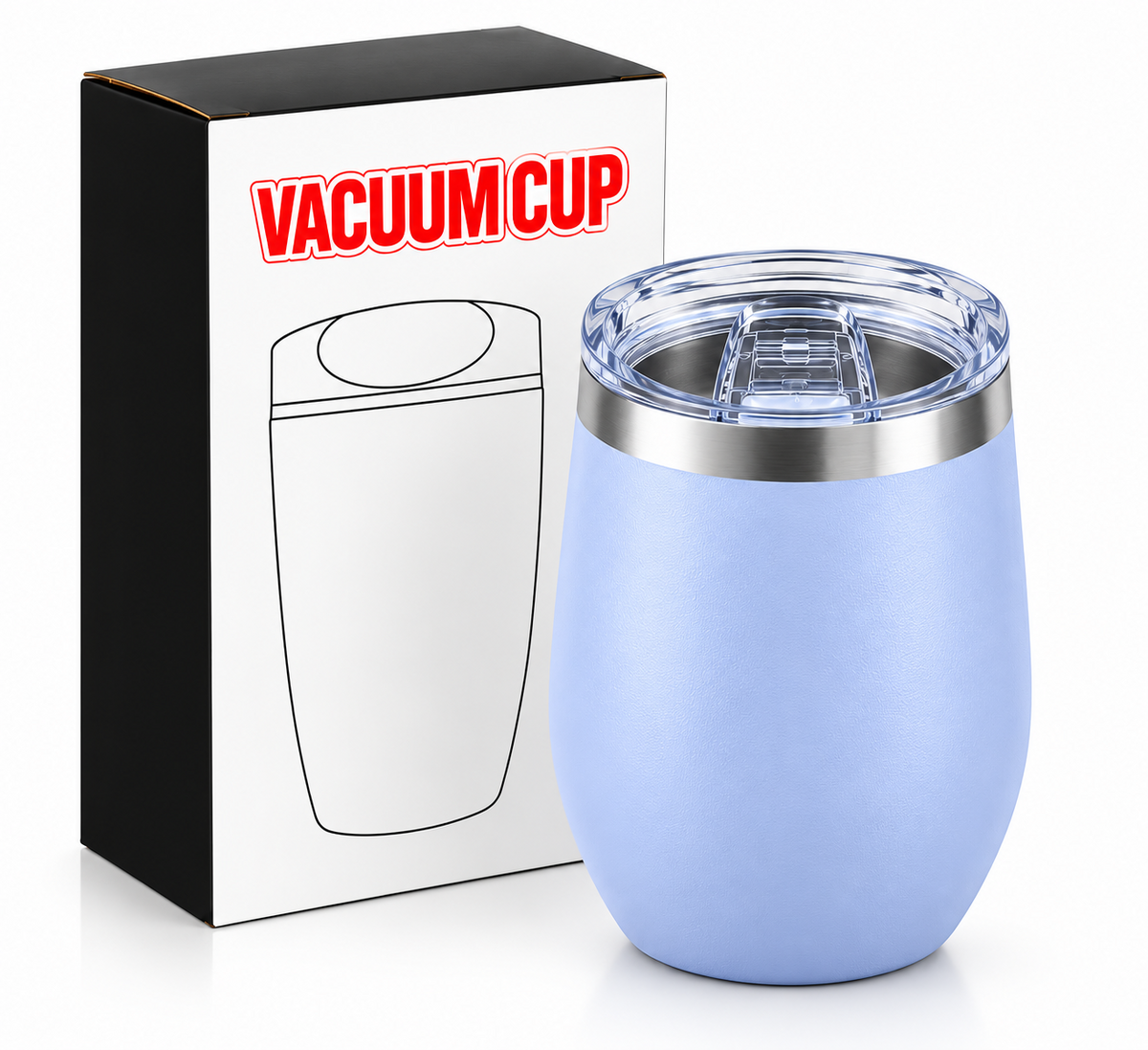 Light blue vacuum cup features and insulation infographic