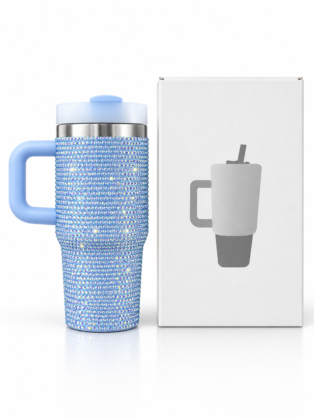 Baby blue rhinestone vacuum insulated stainless steel tumbler with handle and gift box
