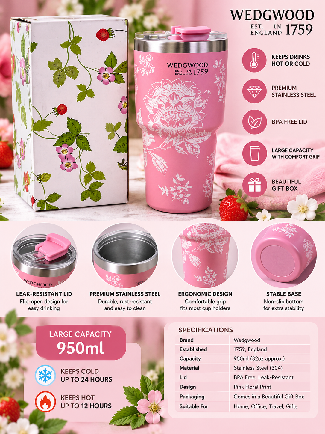 Pink Wedgwood floral tumbler beside floral gift box