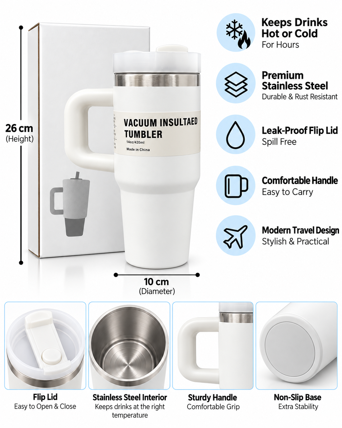 White vacuum insulated stainless steel tumbler features and dimensions