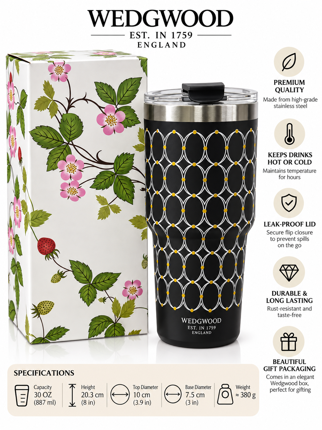 Black Wedgwood travel tumbler features and specifications