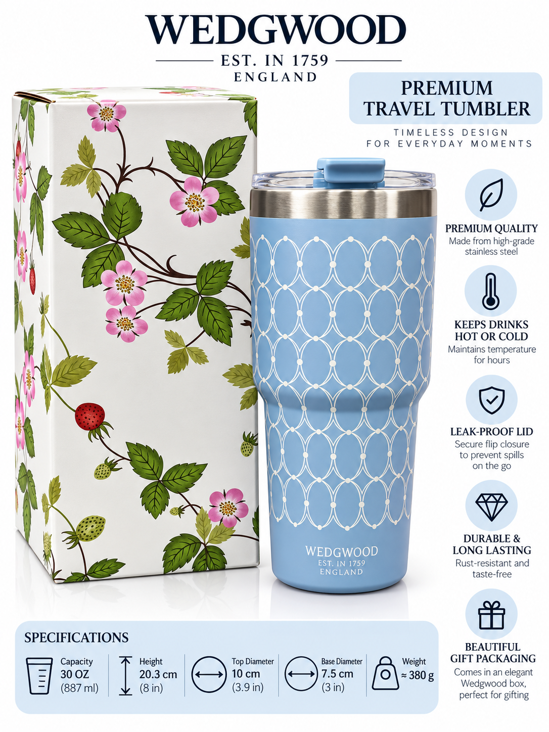 Blue Wedgwood geometric tumbler with floral gift box