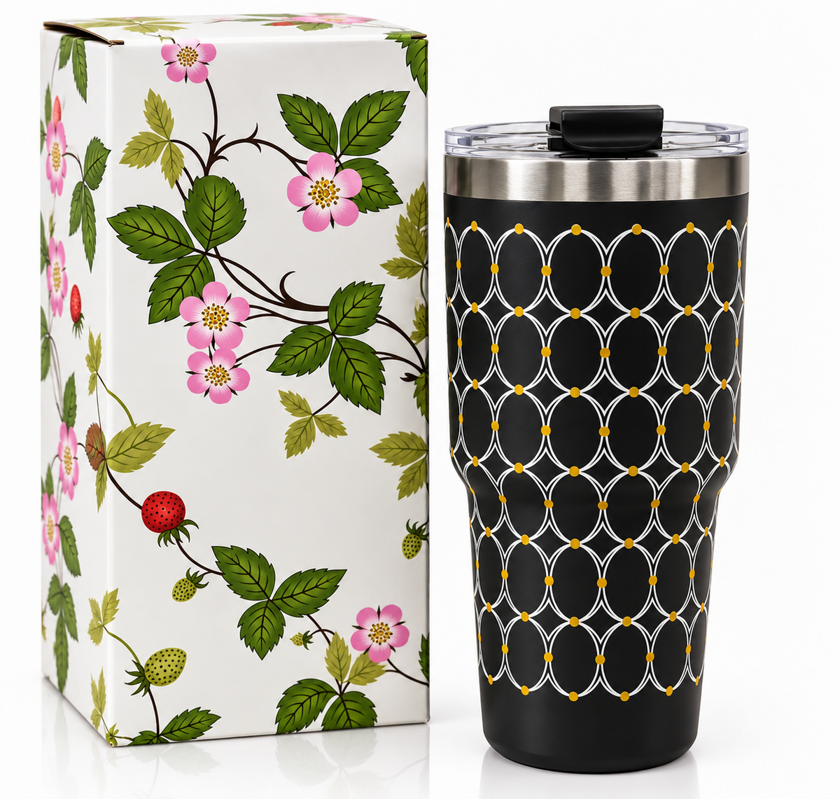 Black Wedgwood travel tumbler with floral gift box