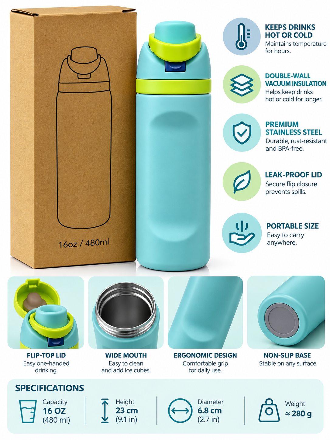Turquoise insulated bottle features infographic