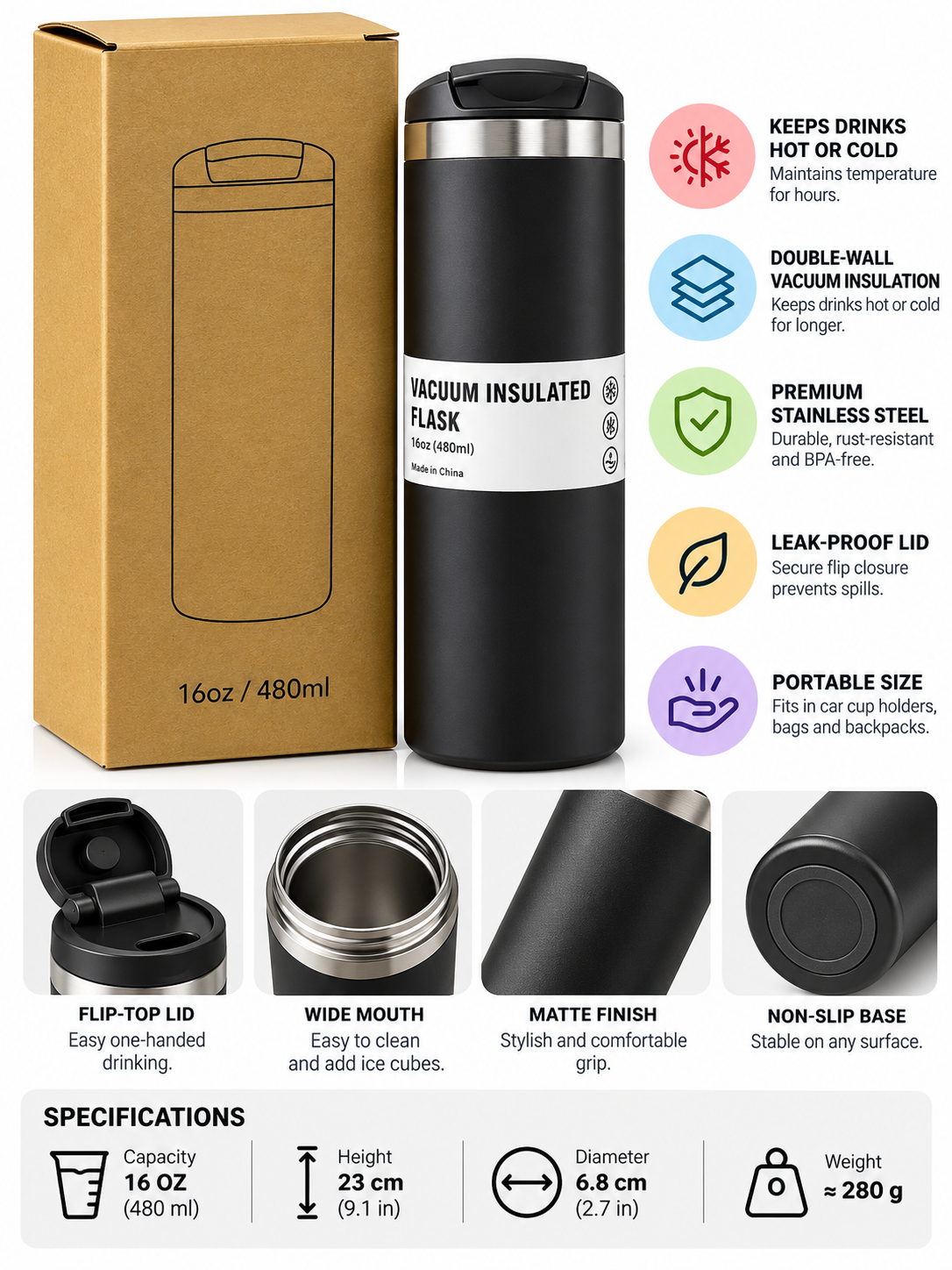 Black vacuum insulated flask features and specifications