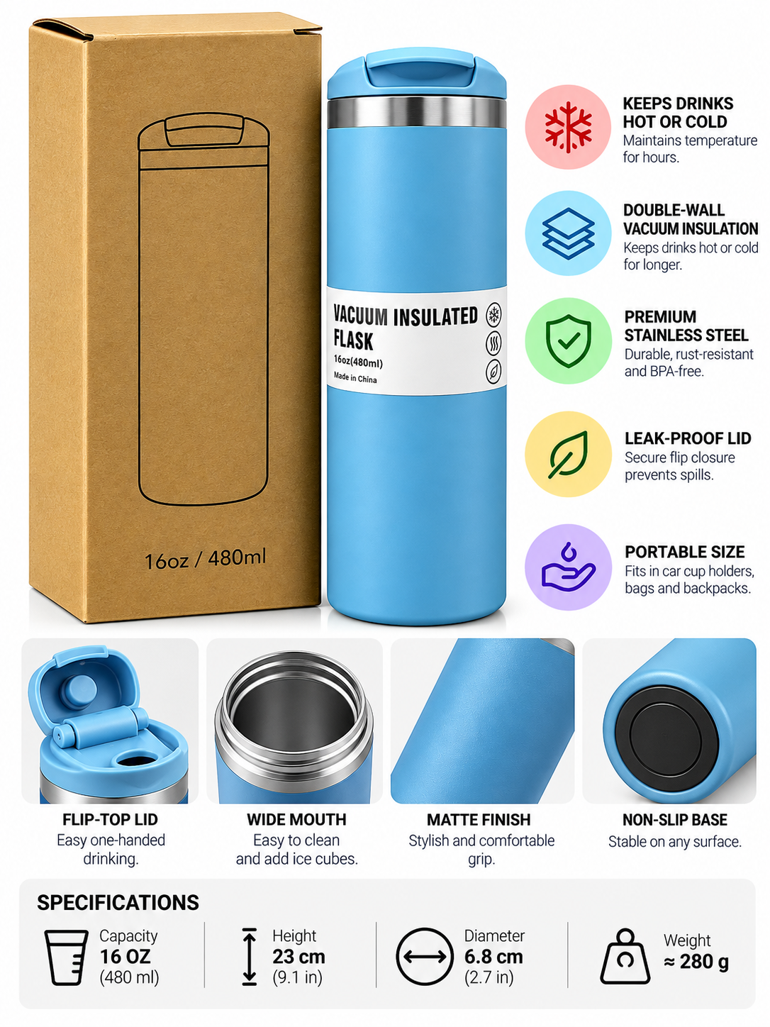 Blue vacuum insulated flask 480ml and packaging
