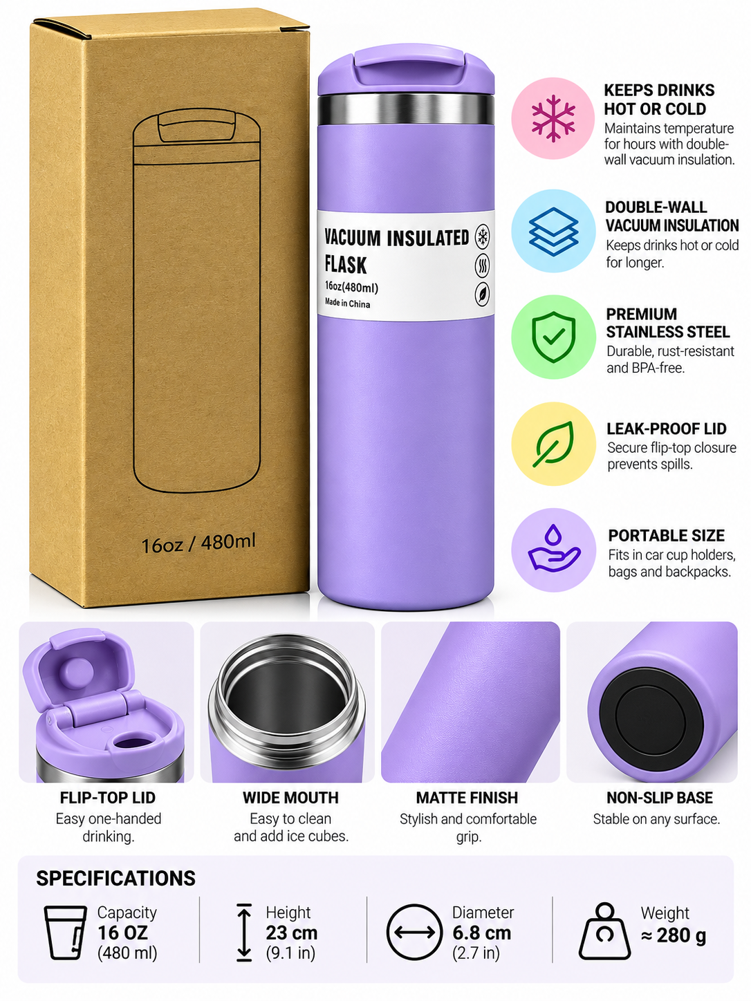 Purple insulated flask features and specifications