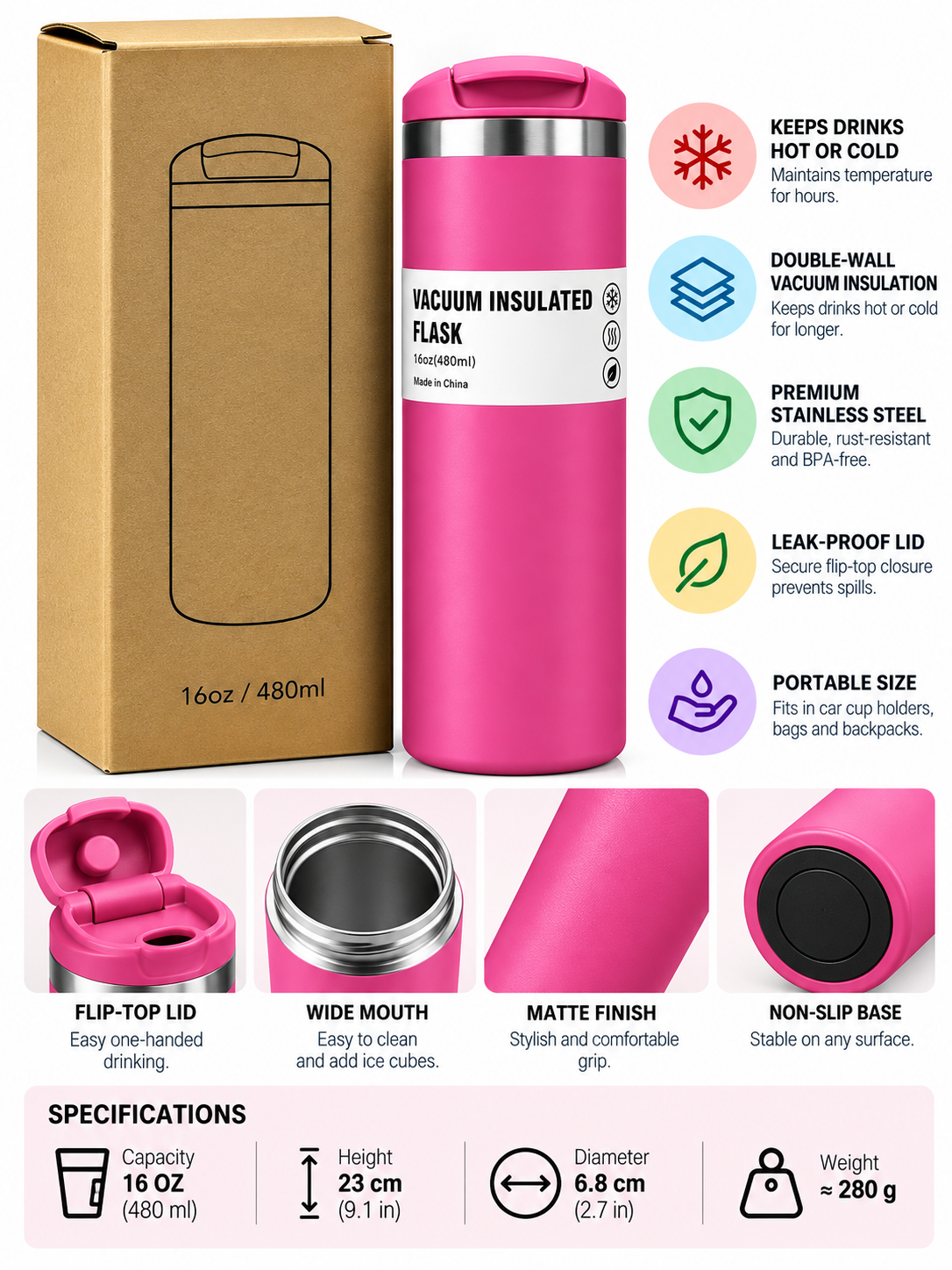 Pink stainless steel vacuum flask 480ml with packaging