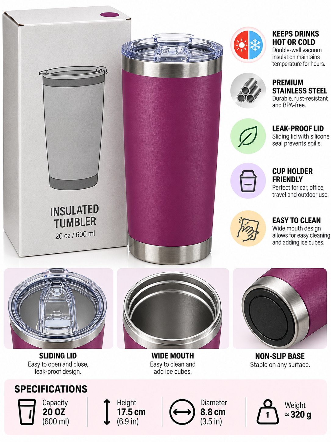 Purple 600ml insulated tumbler with white packaging