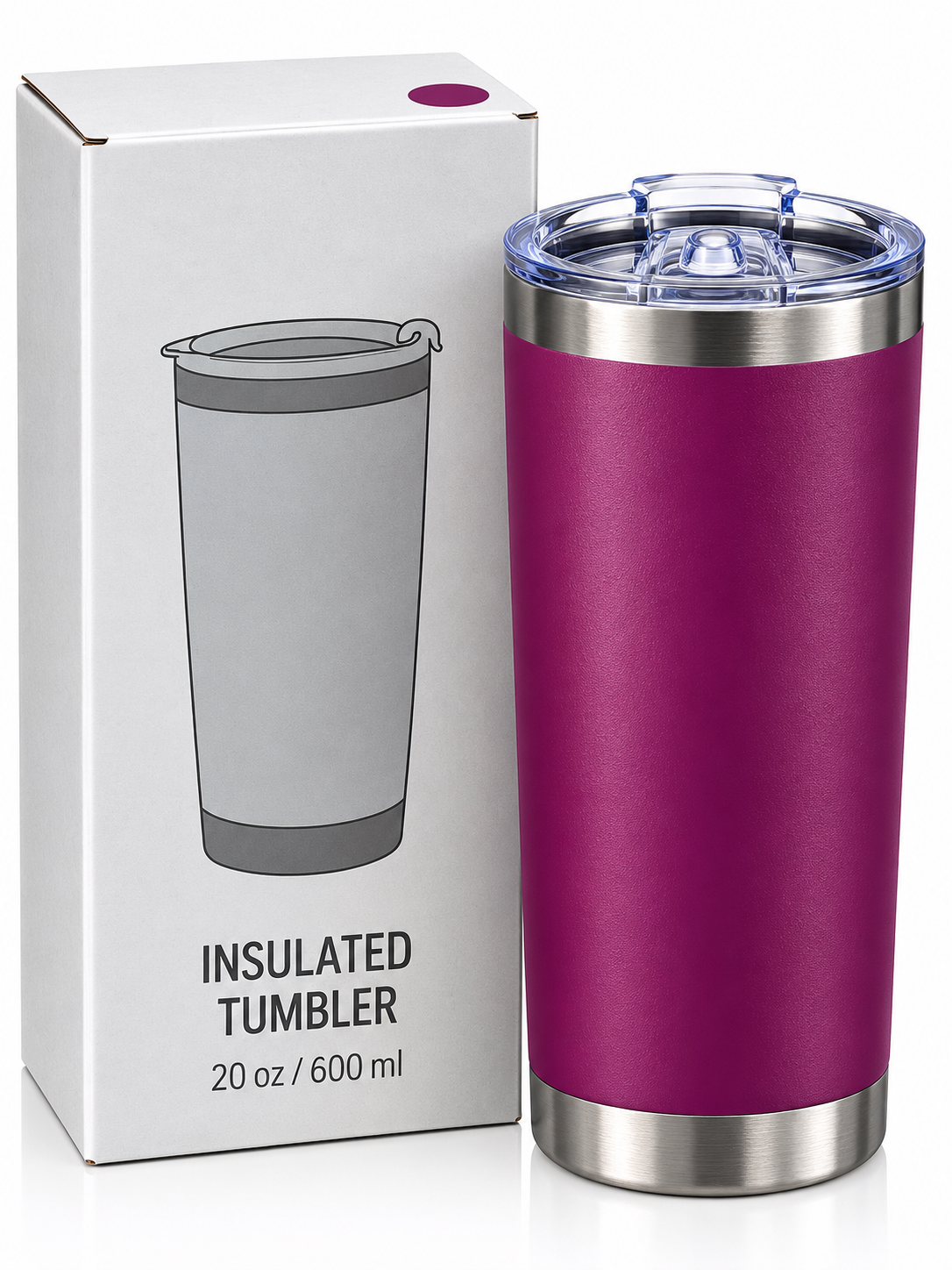 Purple 600ml tumbler features, lid and specifications