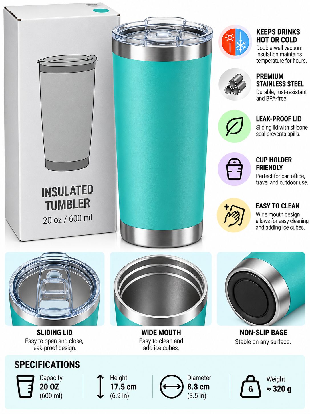 Turquoise 600ml insulated tumbler and box