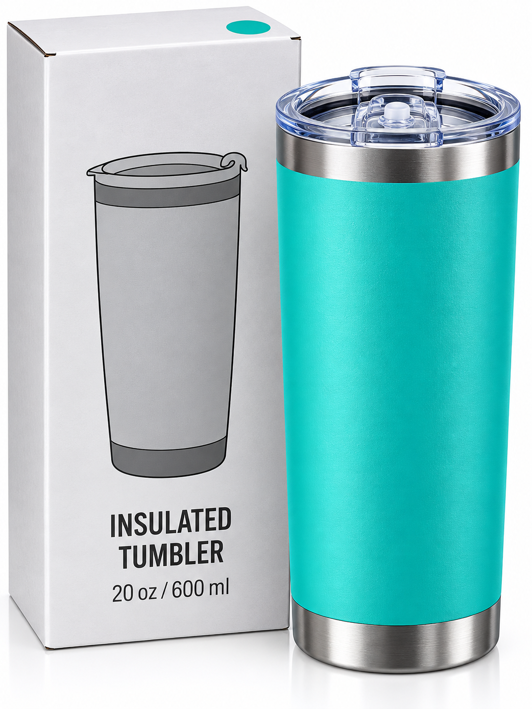 Turquoise 600ml insulated tumbler features and dimensions