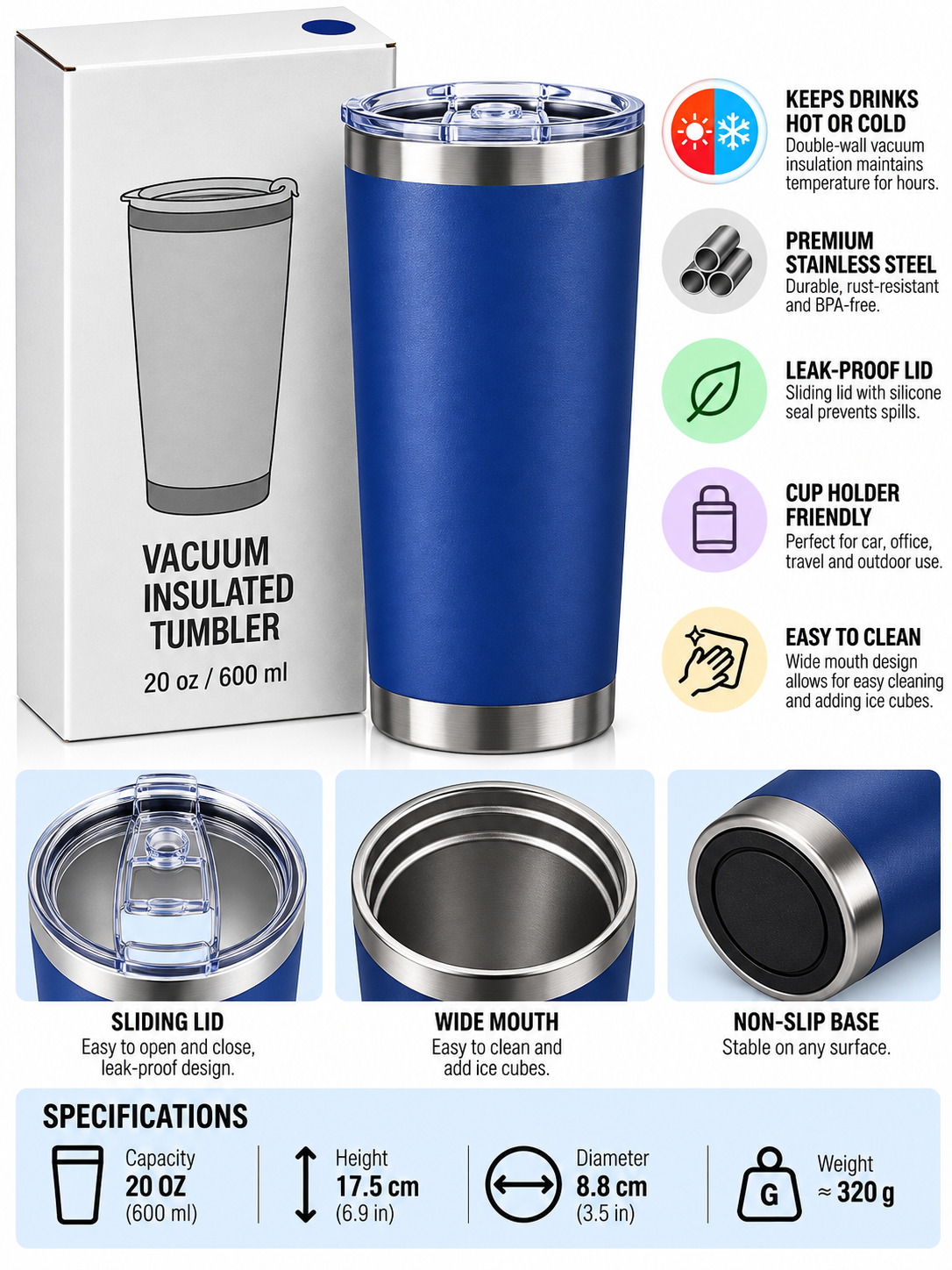 Royal blue 600ml vacuum insulated tumbler with packaging