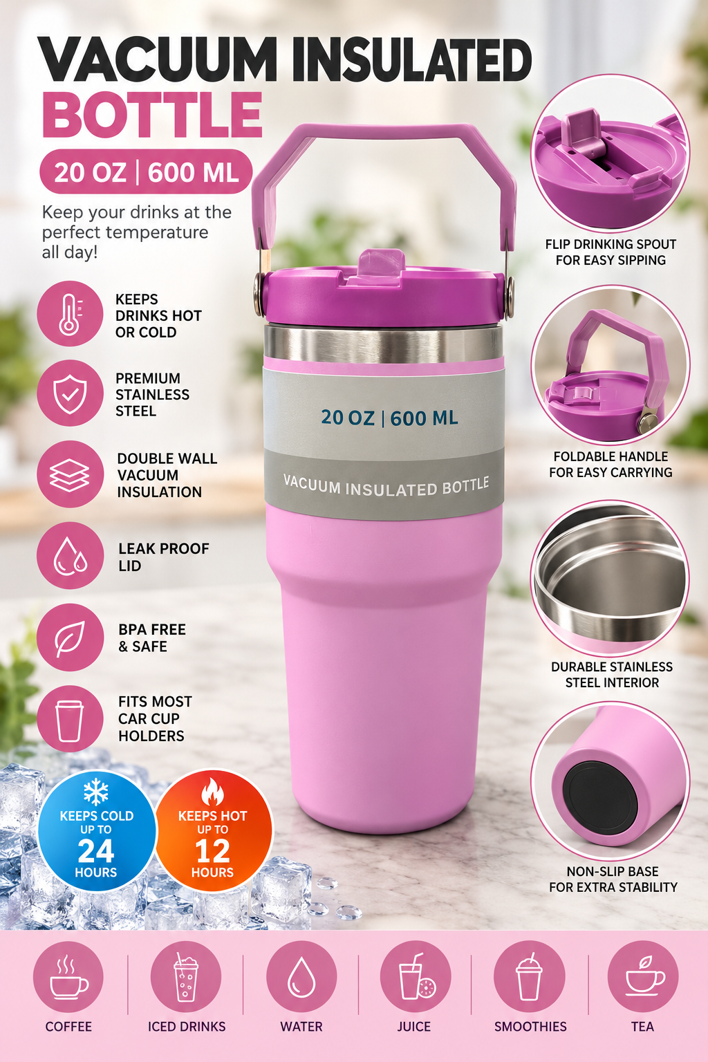Pink 600ml insulated bottle feature overview