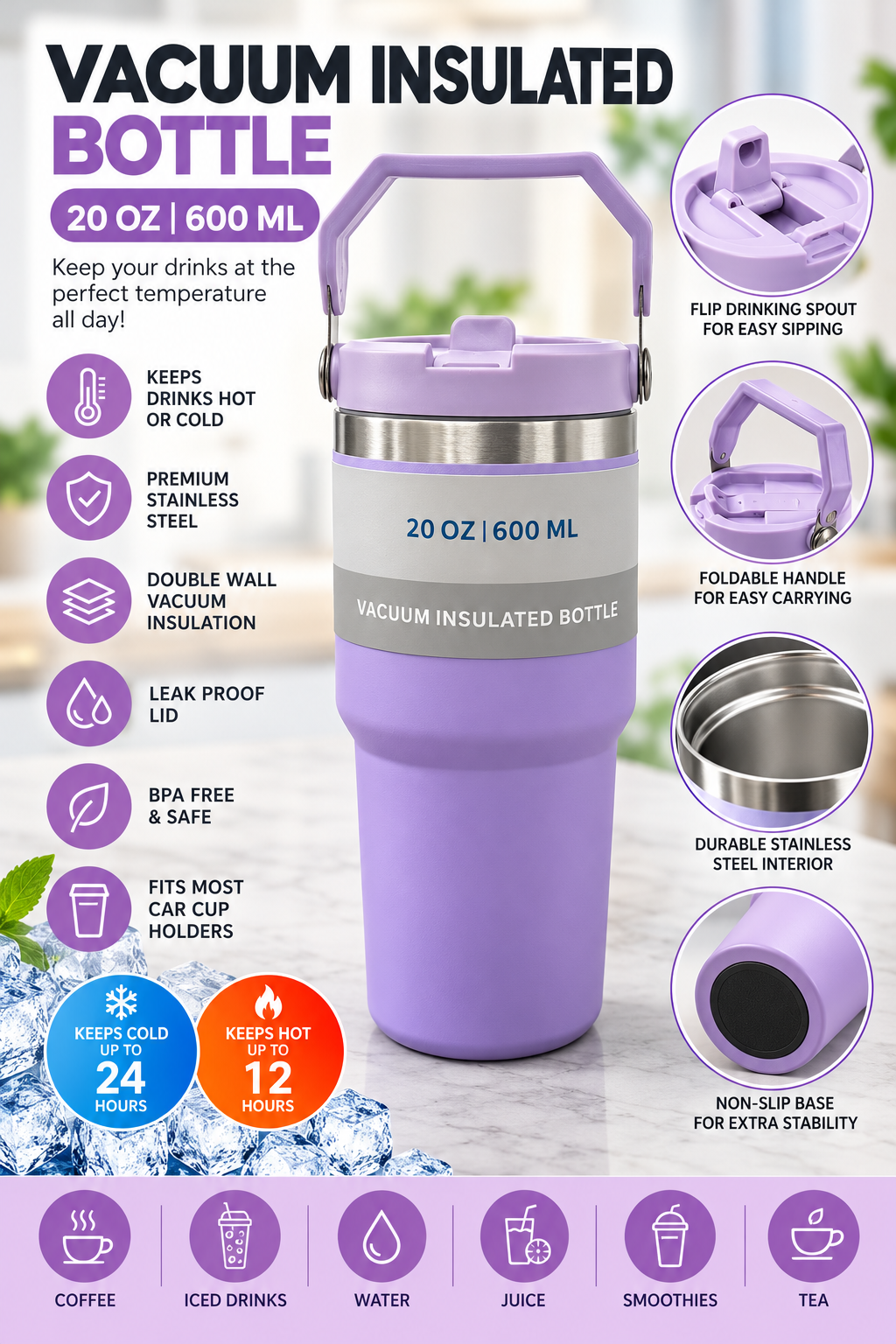Lavender 600ml vacuum insulated bottle and packaging
