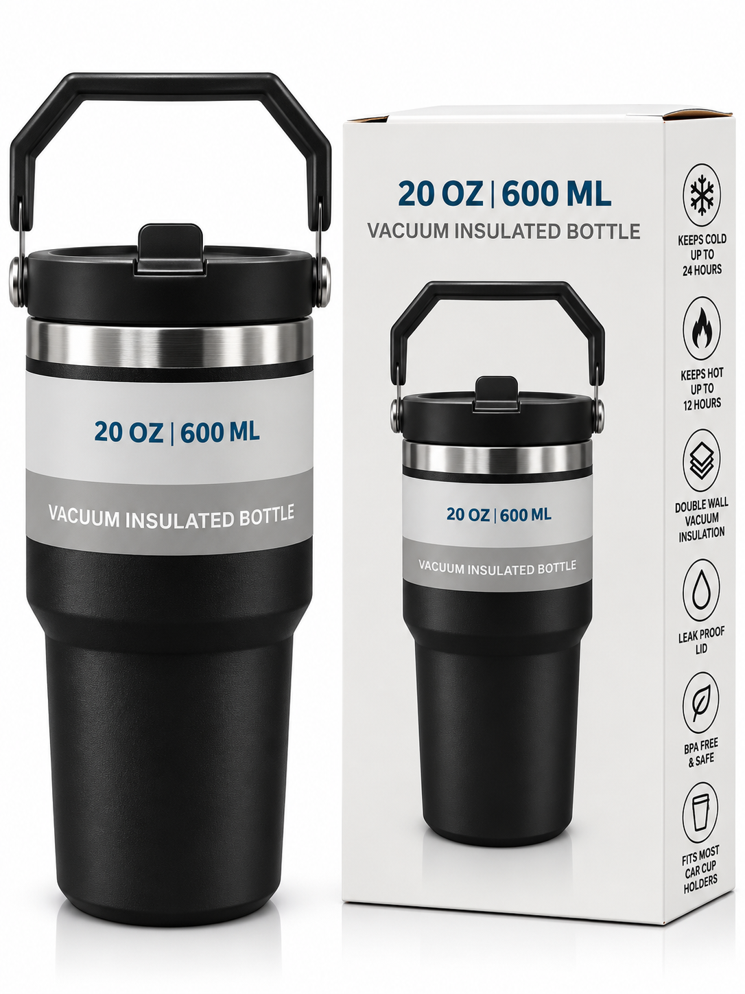 Black insulated bottle features