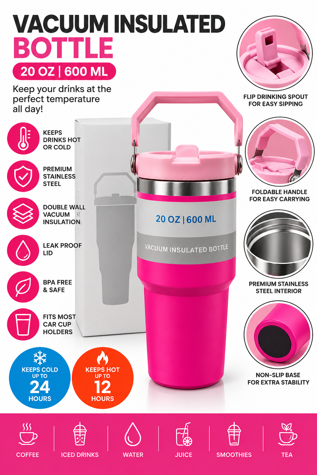 Hot pink insulated bottle features