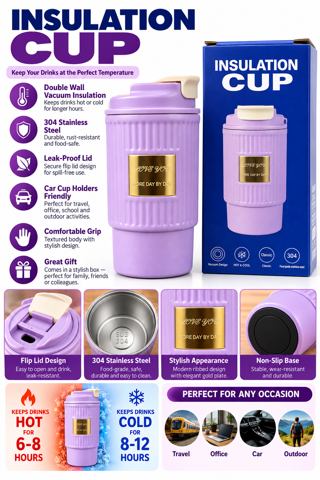 Lilac insulated cup product features and detail views