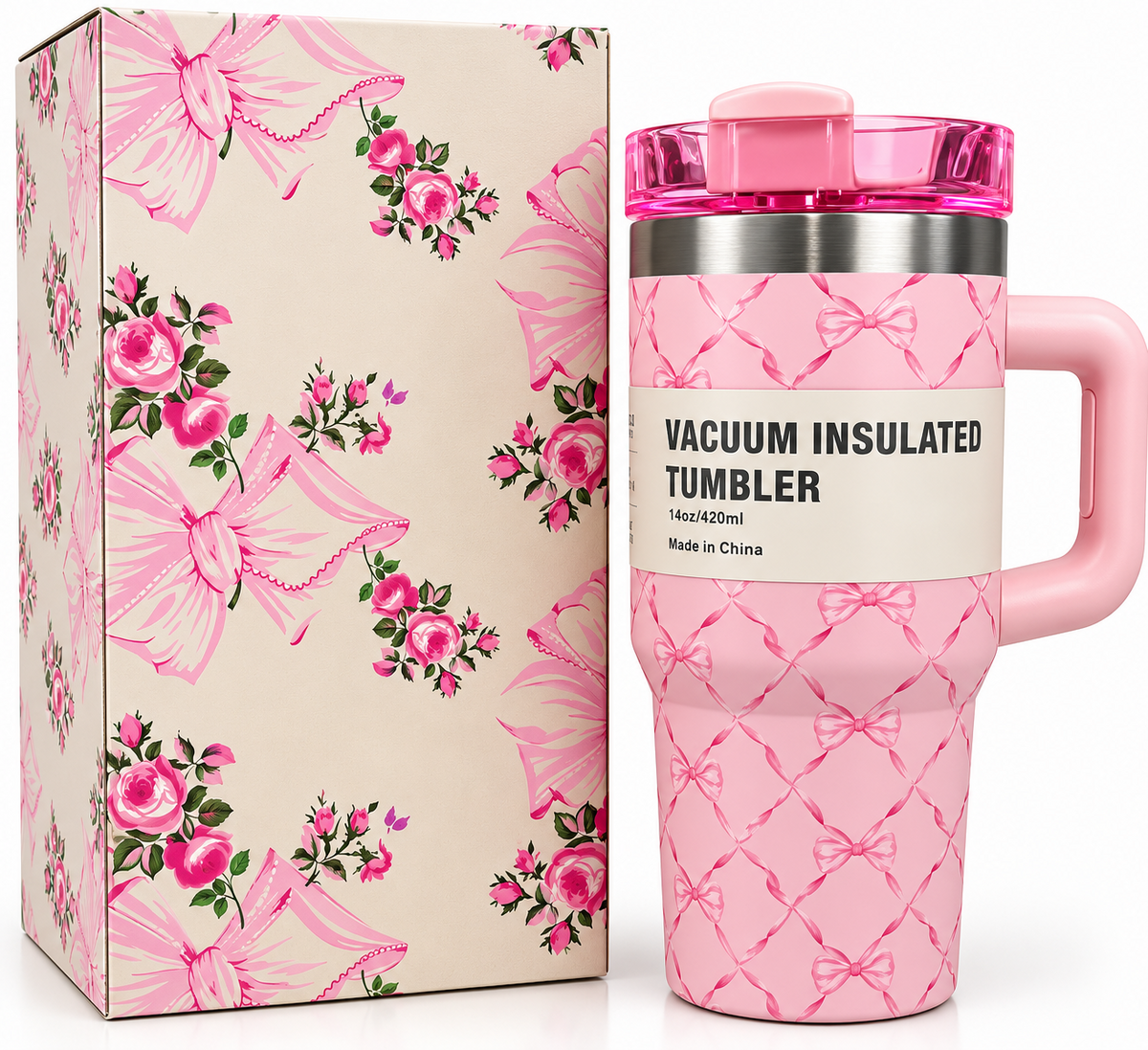 Pink floral insulated tumbler features and dimensions