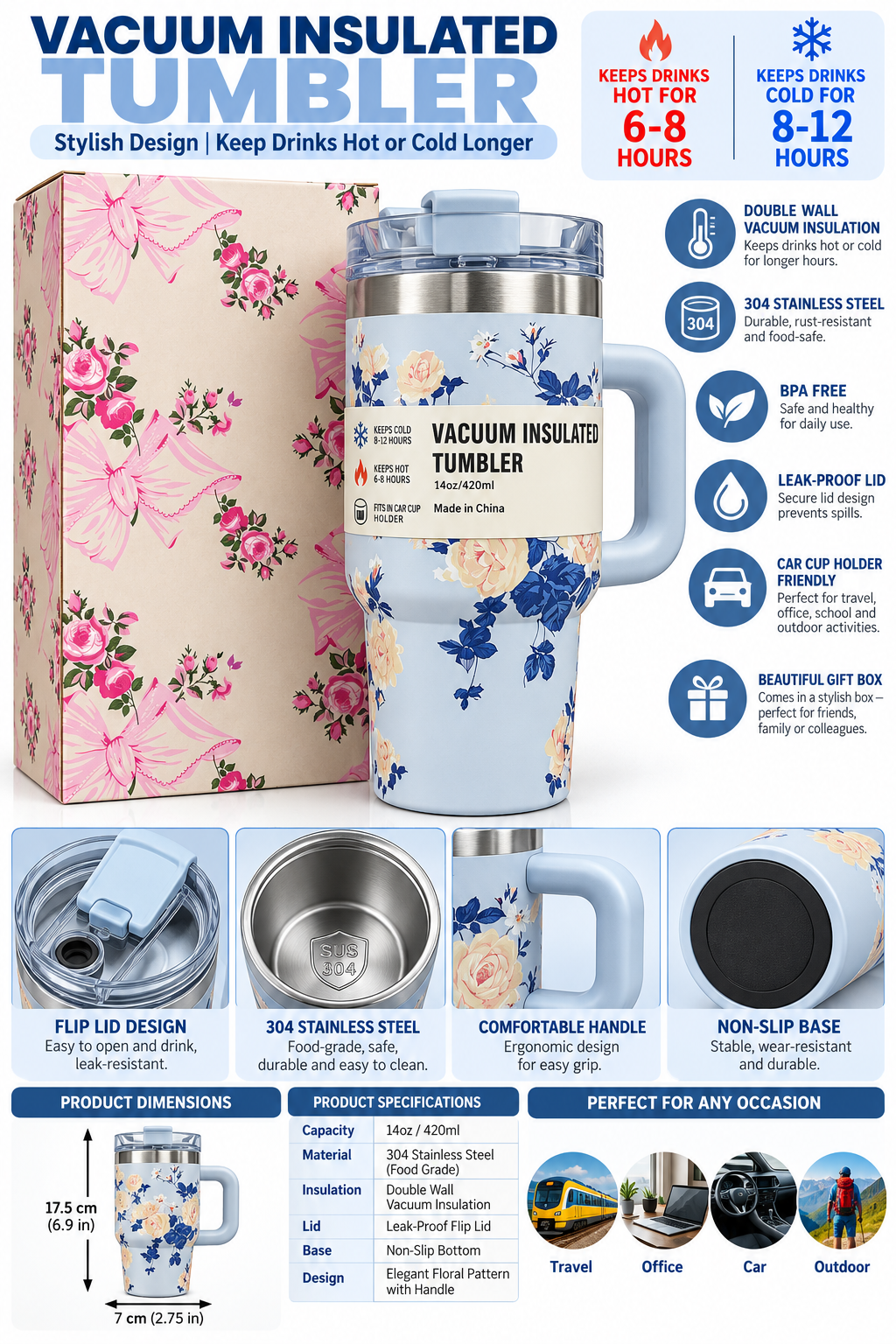 Blue floral insulated tumbler and floral gift box