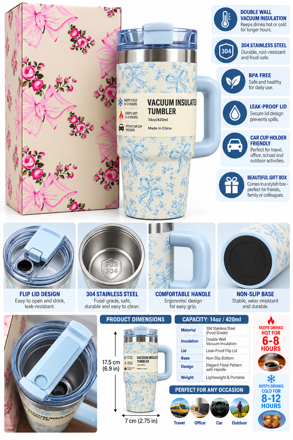 Cream and blue bow print insulated tumbler with floral gift box