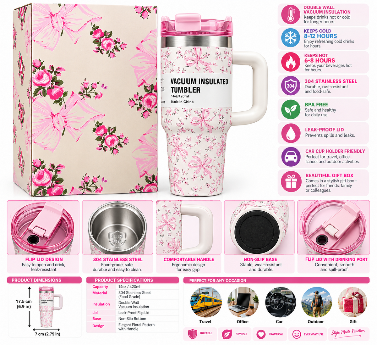 White and pink bow floral insulated tumbler with gift box