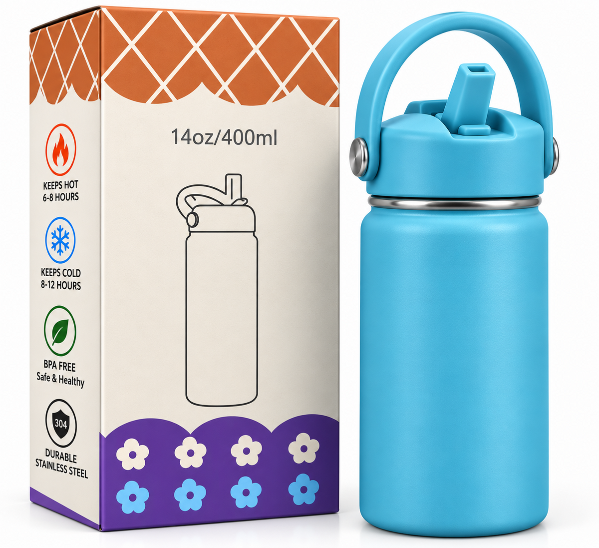 Blue 400ml insulated bottle product details and features