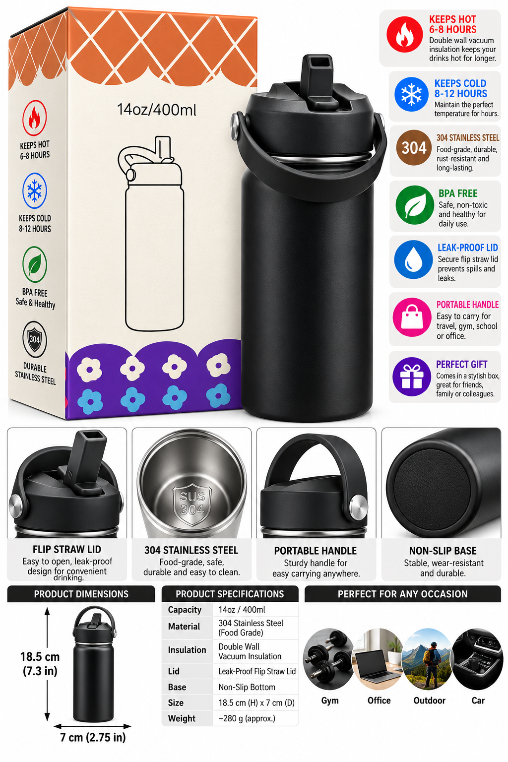 Black 400ml insulated bottle and packaging