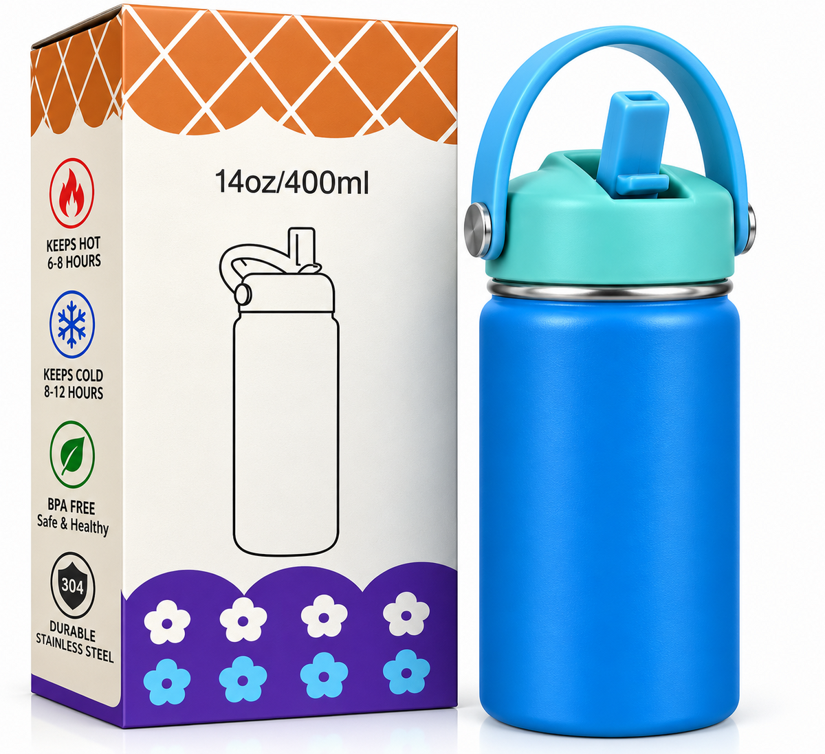Blue insulated bottle features and specifications