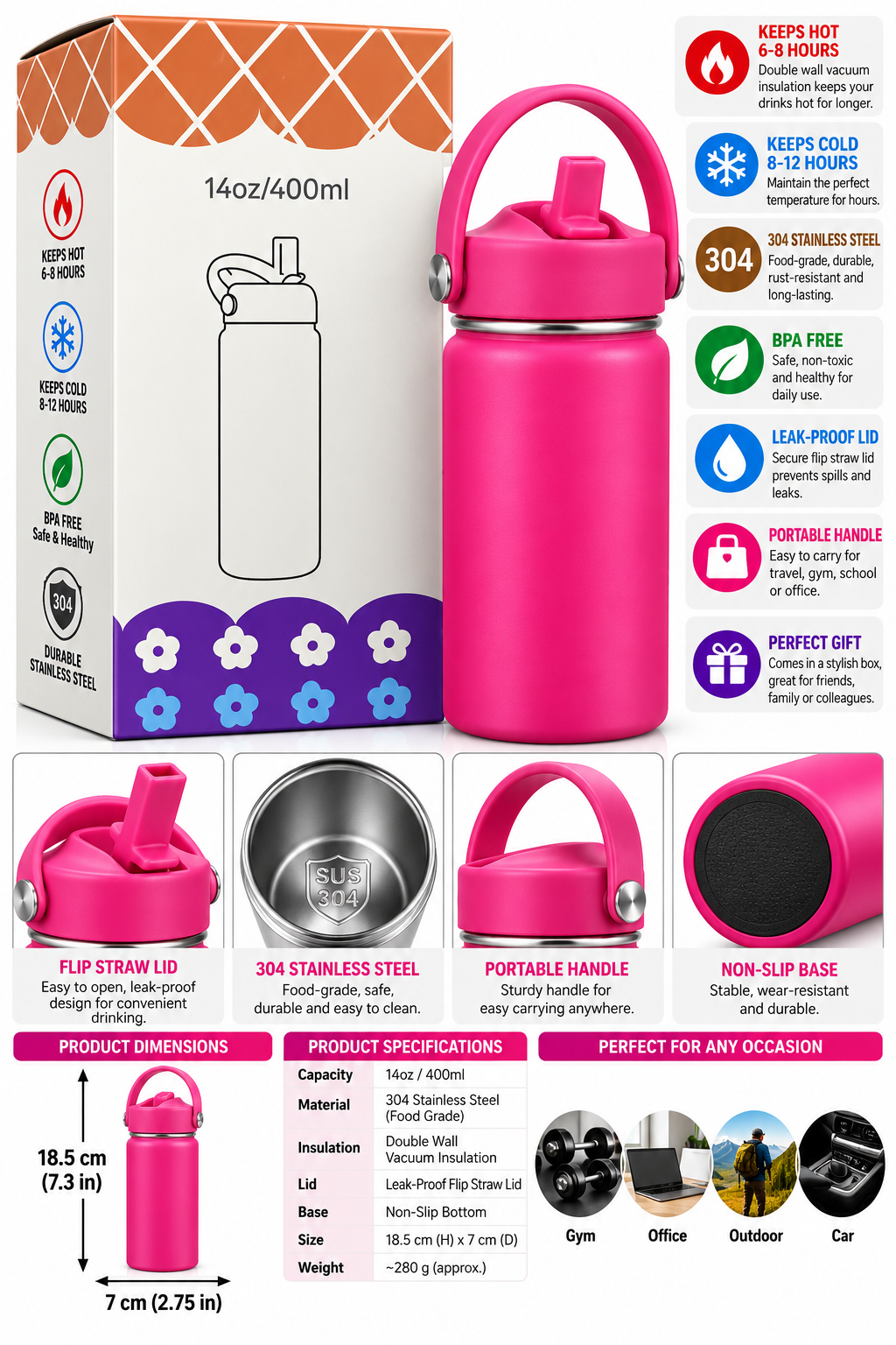 Hot pink insulated bottle and gift box