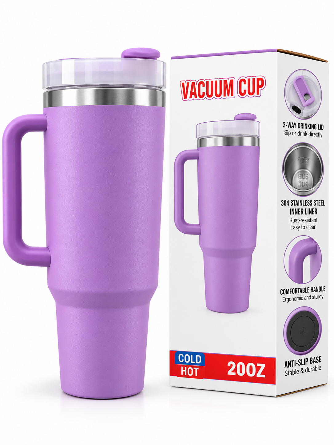Purple vacuum tumbler with handle and retail packaging