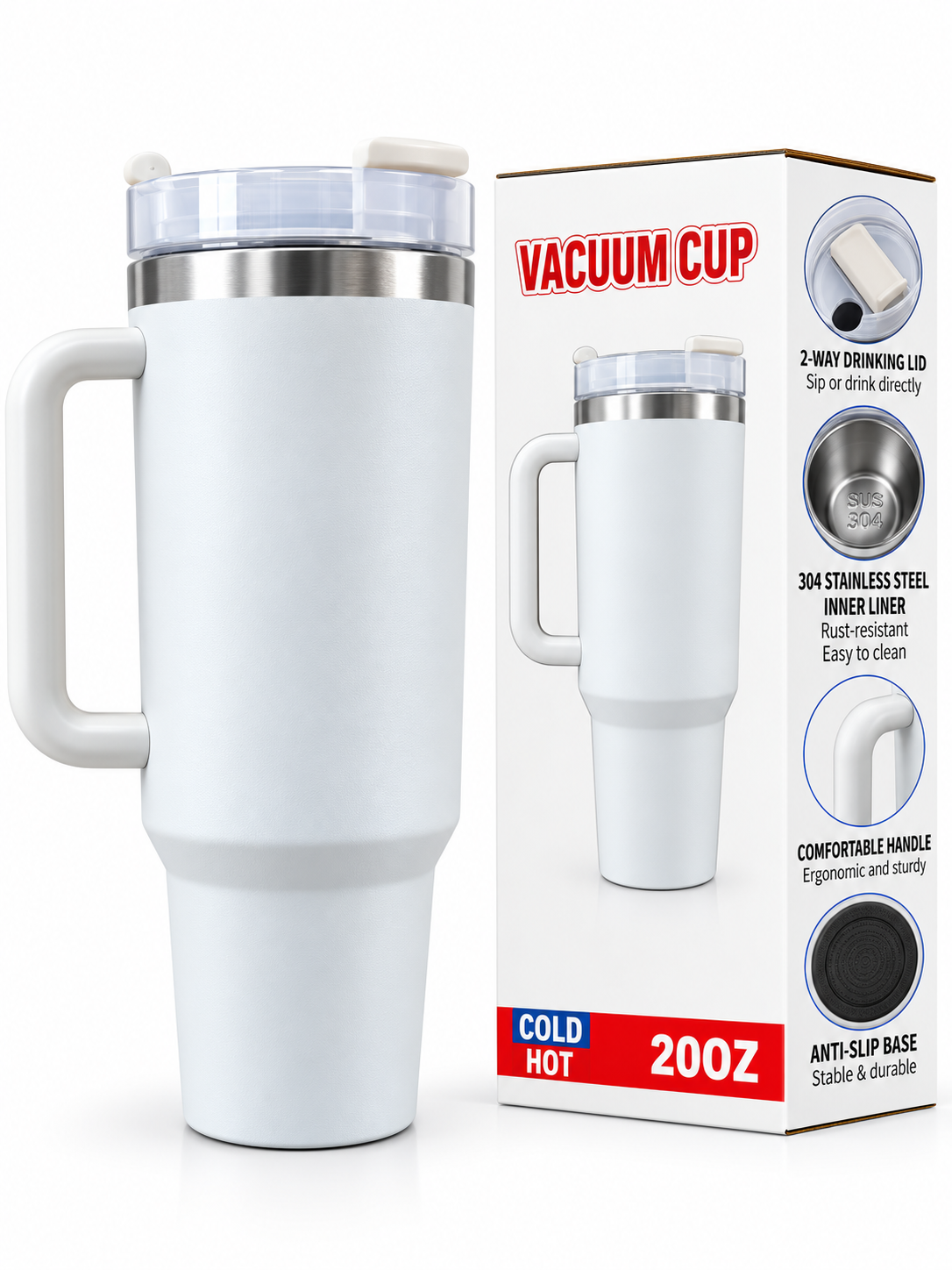 White vacuum tumbler with handle and retail packaging