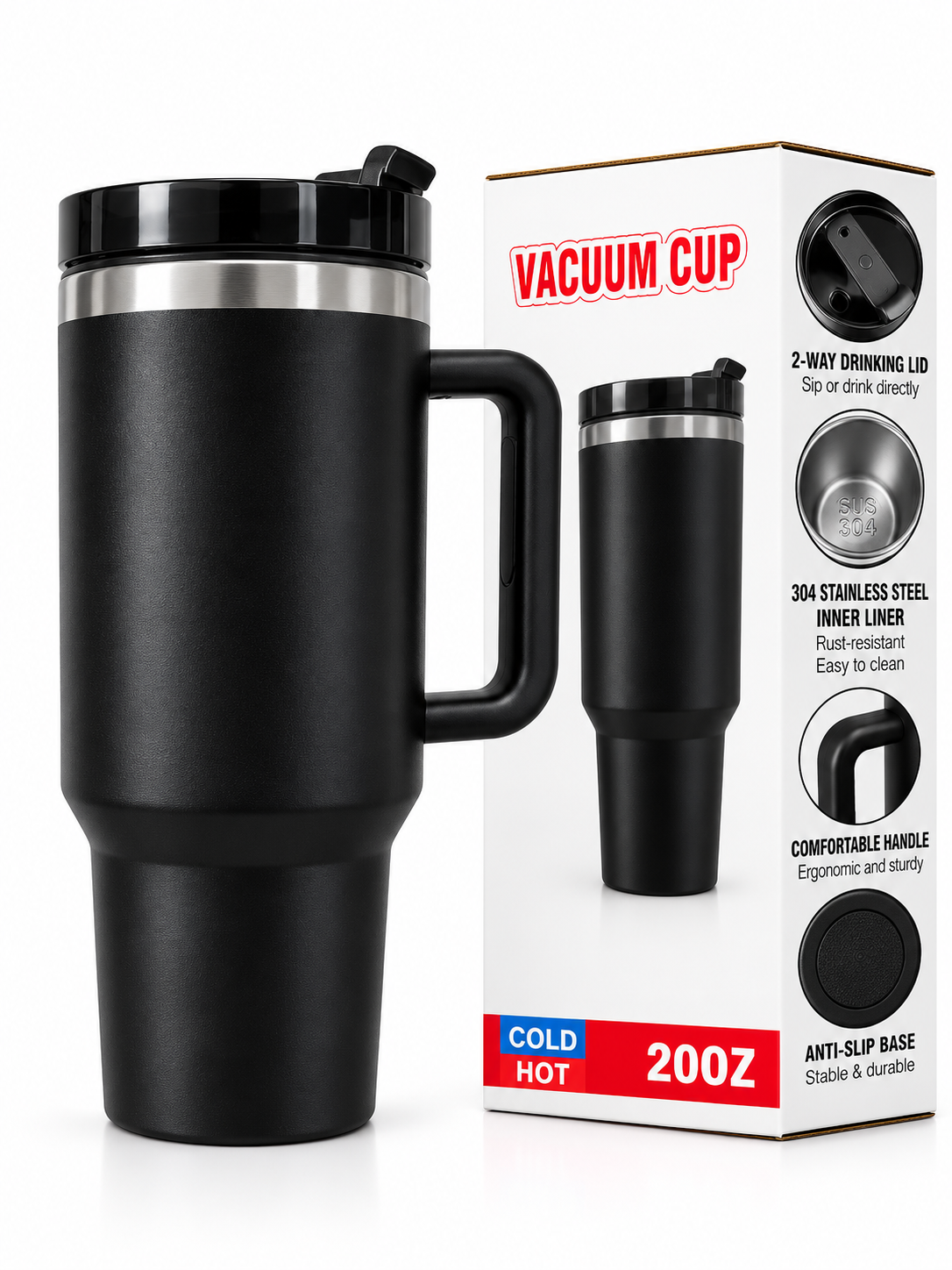 Black vacuum tumbler with handle and retail packaging