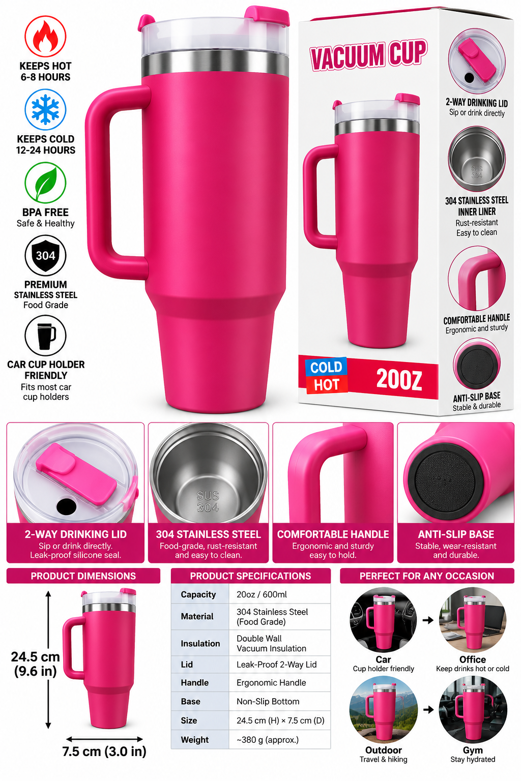 Hot pink vacuum tumbler features and specifications