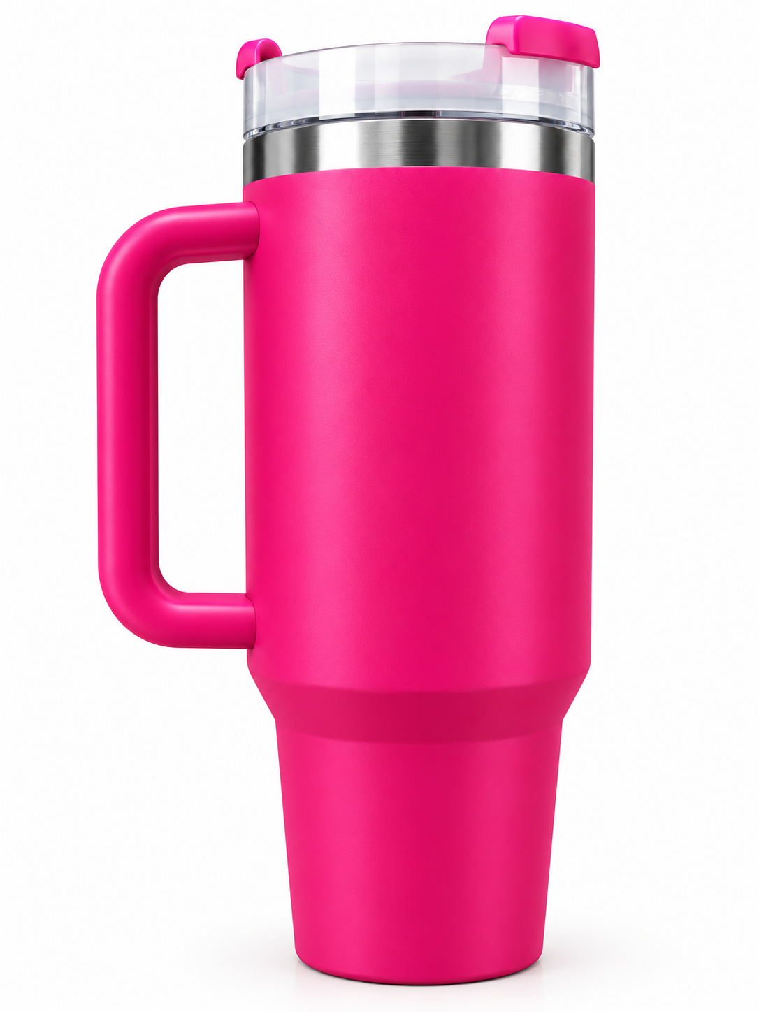 Hot pink vacuum tumbler with handle on white background