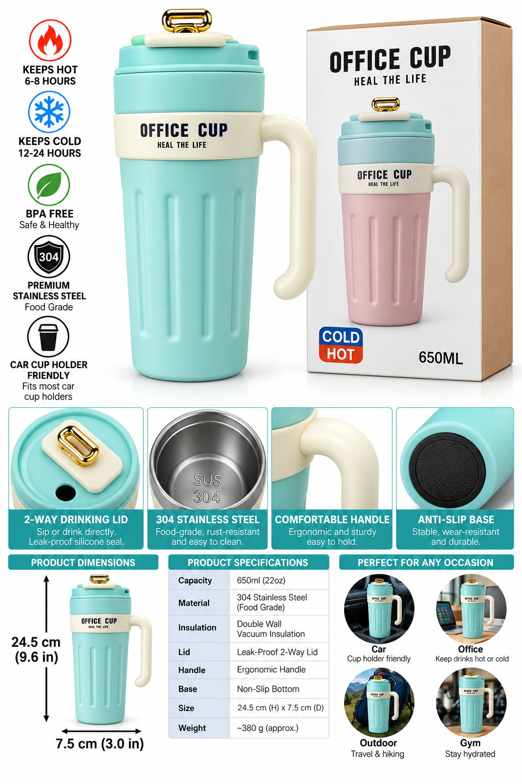 Turquoise Office Cup features and specifications